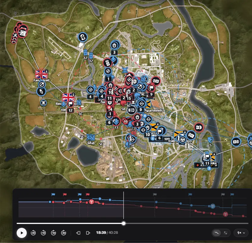 A finished match on Narva, replayed on squadreader.com: both teams' players, vehicles and flags on the map, with the ticket timeline below.